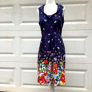 Spense Dress Womens Sz 8 Navy Blue Floral Fit N Flare Sleeveless Retro Fun